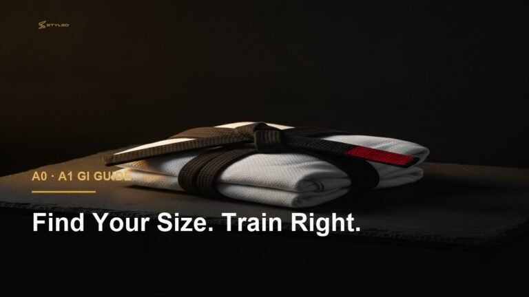 Stylso white pearl-weave BJJ gi folded on dark slate — A0 and A1 sizing guide for smaller grapplers