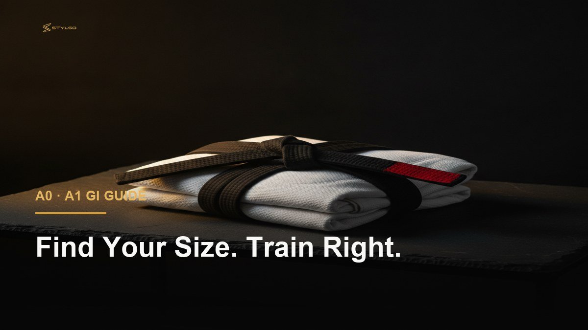 Stylso white pearl-weave BJJ gi folded on dark slate — A0 and A1 sizing guide for smaller grapplers