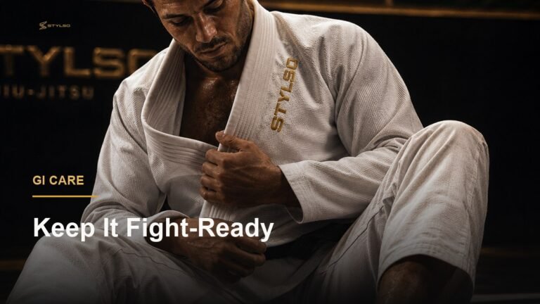 Athlete in a white Stylso BJJ gi sitting on the mat — complete BJJ gi care guide for washing, drying and storing your gi