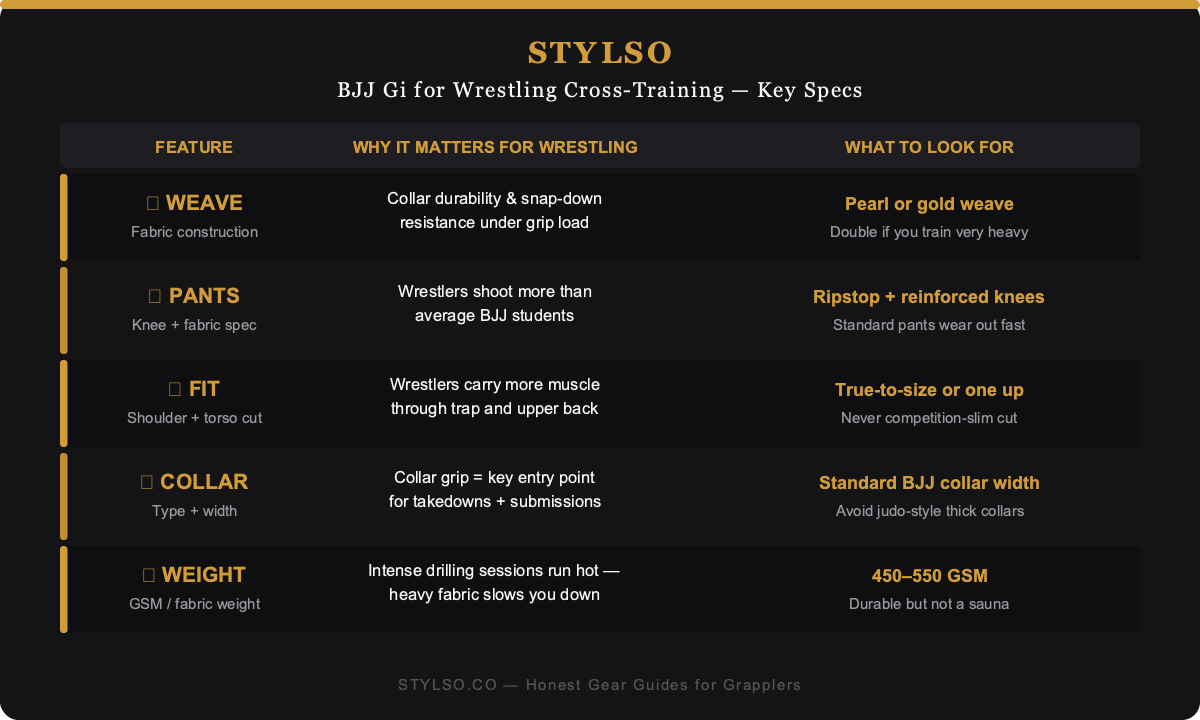 BJJ gi for wrestling cross-training comparison chart — weave, pants, fit, collar, weight spec guide