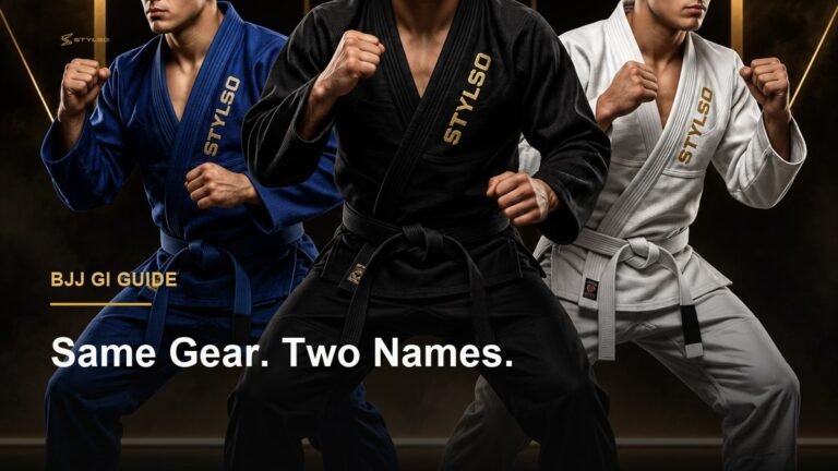 BJJ gi and jiu jitsu gi — athlete in a white gi on dark mats. Two terms for the same gear. Stylso guide.