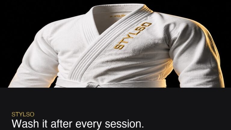 Stylso white gi with gold accents — BJJ gi wash routine