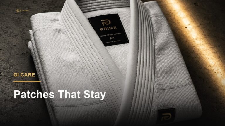 Stylso white BJJ gi folded on a dark mat, showing jacket front for patch placement guide
