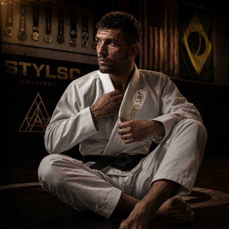 Athlete sitting on a BJJ mat in a clean white Stylso gi — the right gi care keeps it full-size.