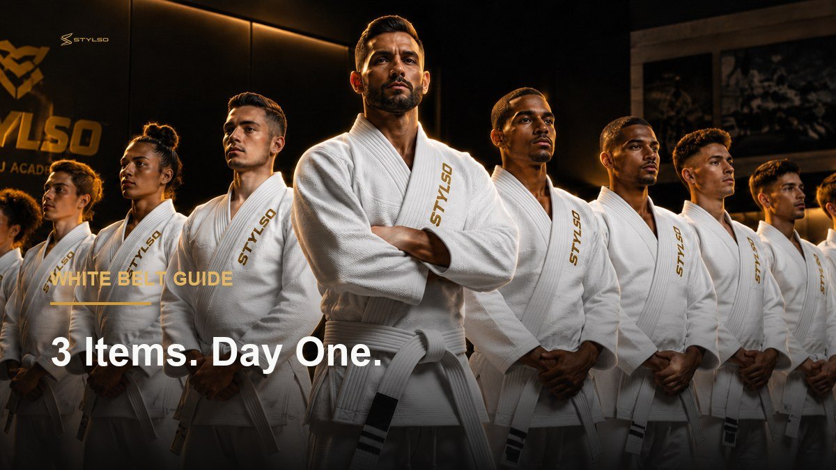 Athlete in Stylso white gi training at a BJJ academy — beginner gear guide