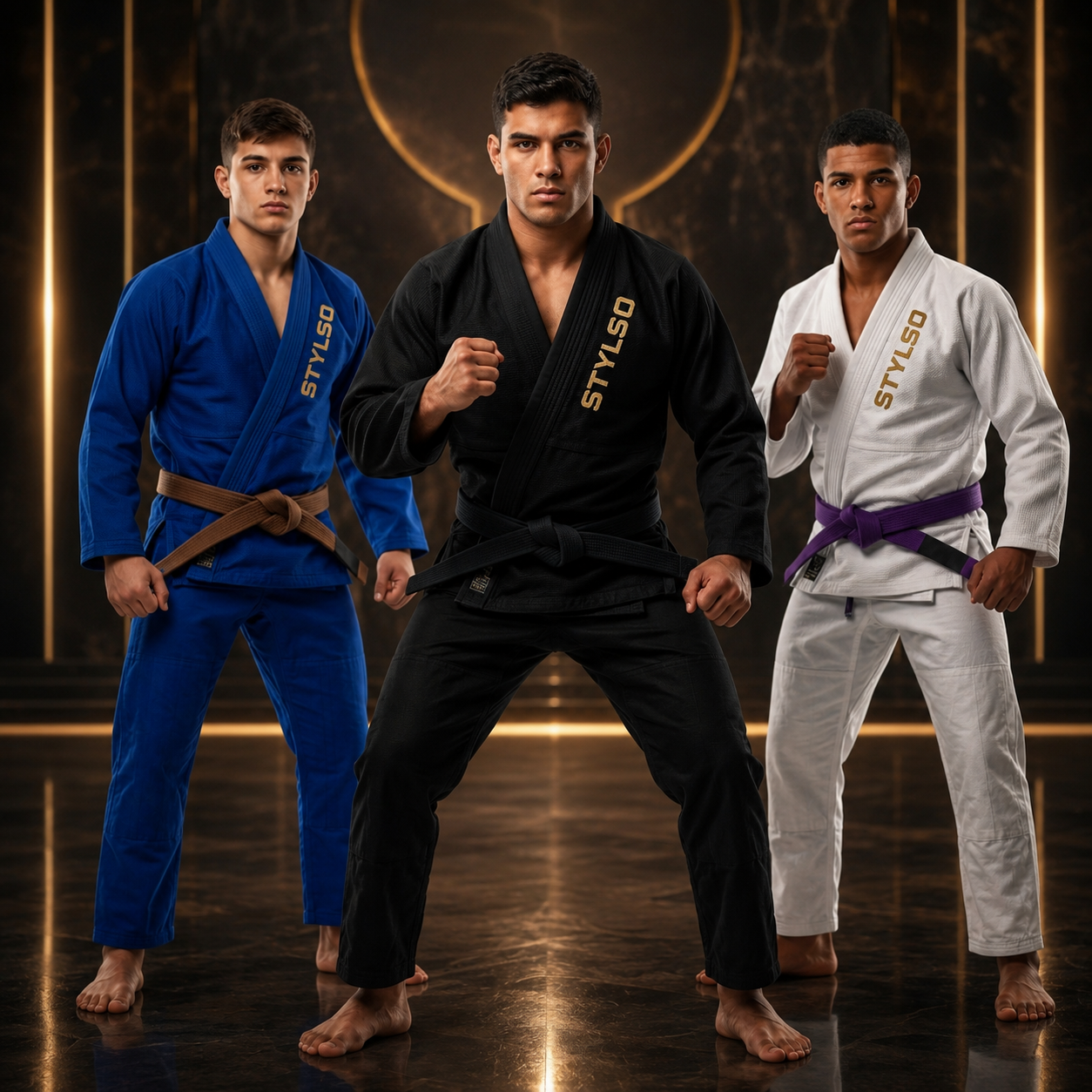 An athlete in a white Stylso BJJ gi in a training stance — showing the gi collar used for collar grips in BJJ