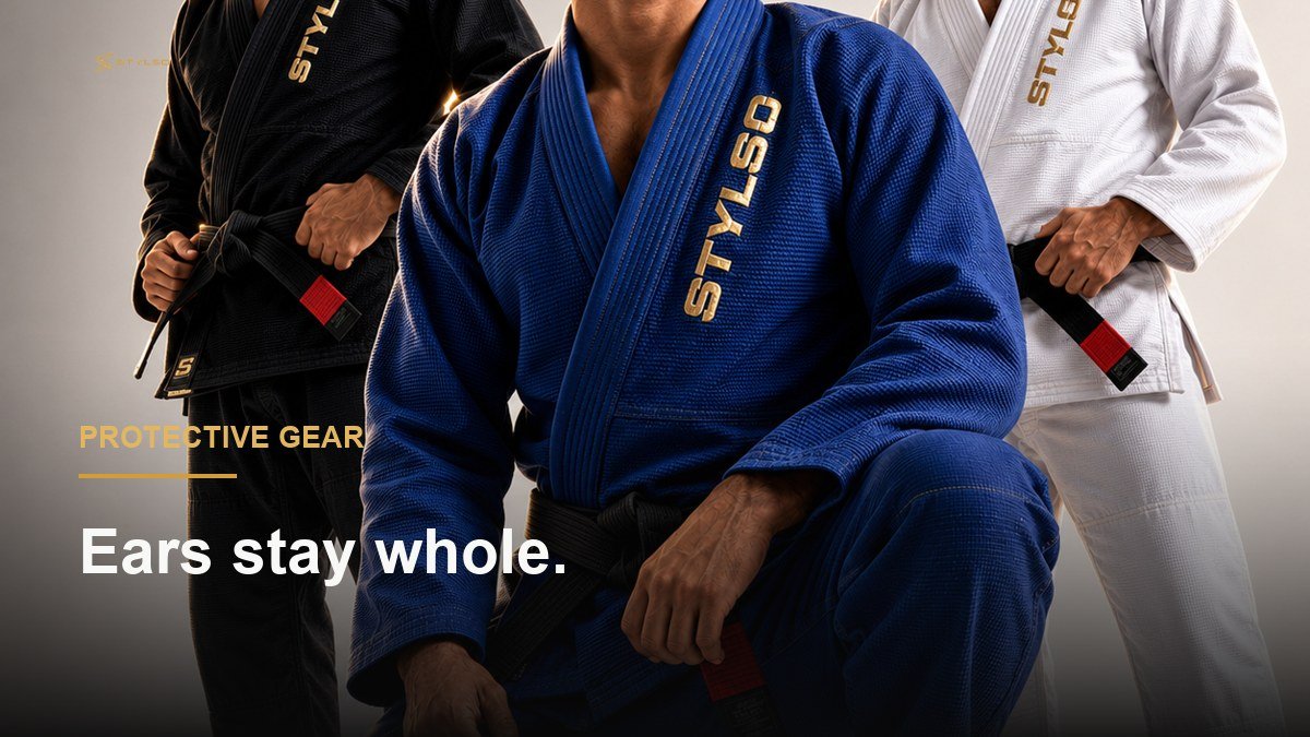 BJJ athlete training in gi - protecting ears during rolling prevents cauliflower ear