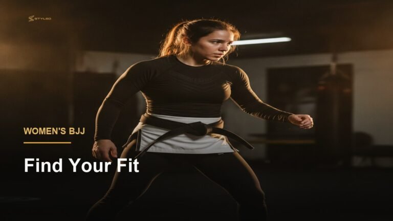 Women in BJJ long-sleeve rashguard in dark gym with gold lighting — Stylso gear guide