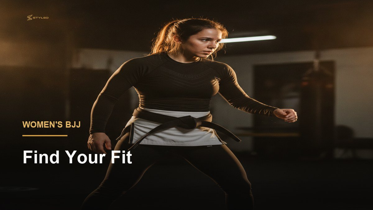 Women in BJJ long-sleeve rashguard in dark gym with gold lighting — Stylso gear guide