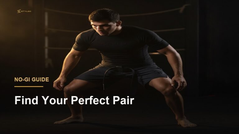 A BJJ grappler in no-gi shorts and rash guard on dark training mats with gold rim lighting