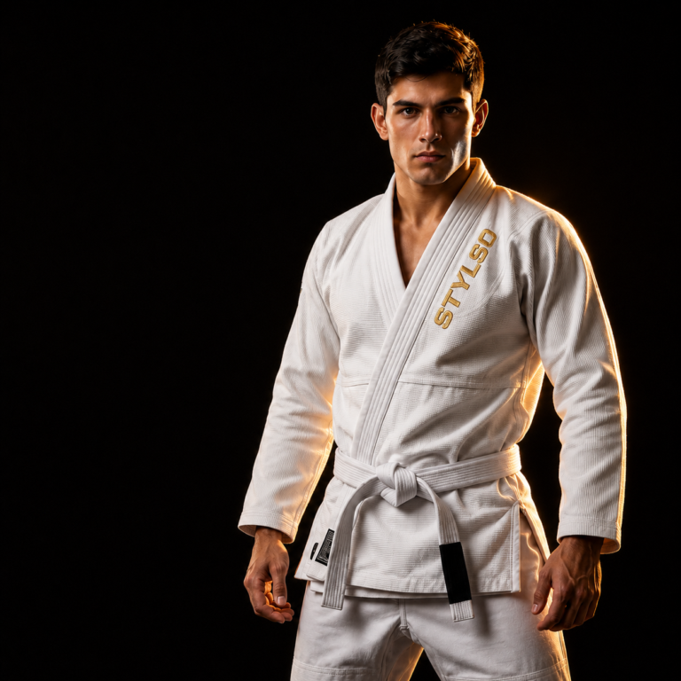 Best value BJJ gi — Stylso pearl-weave training gi on dark background with gold accents
