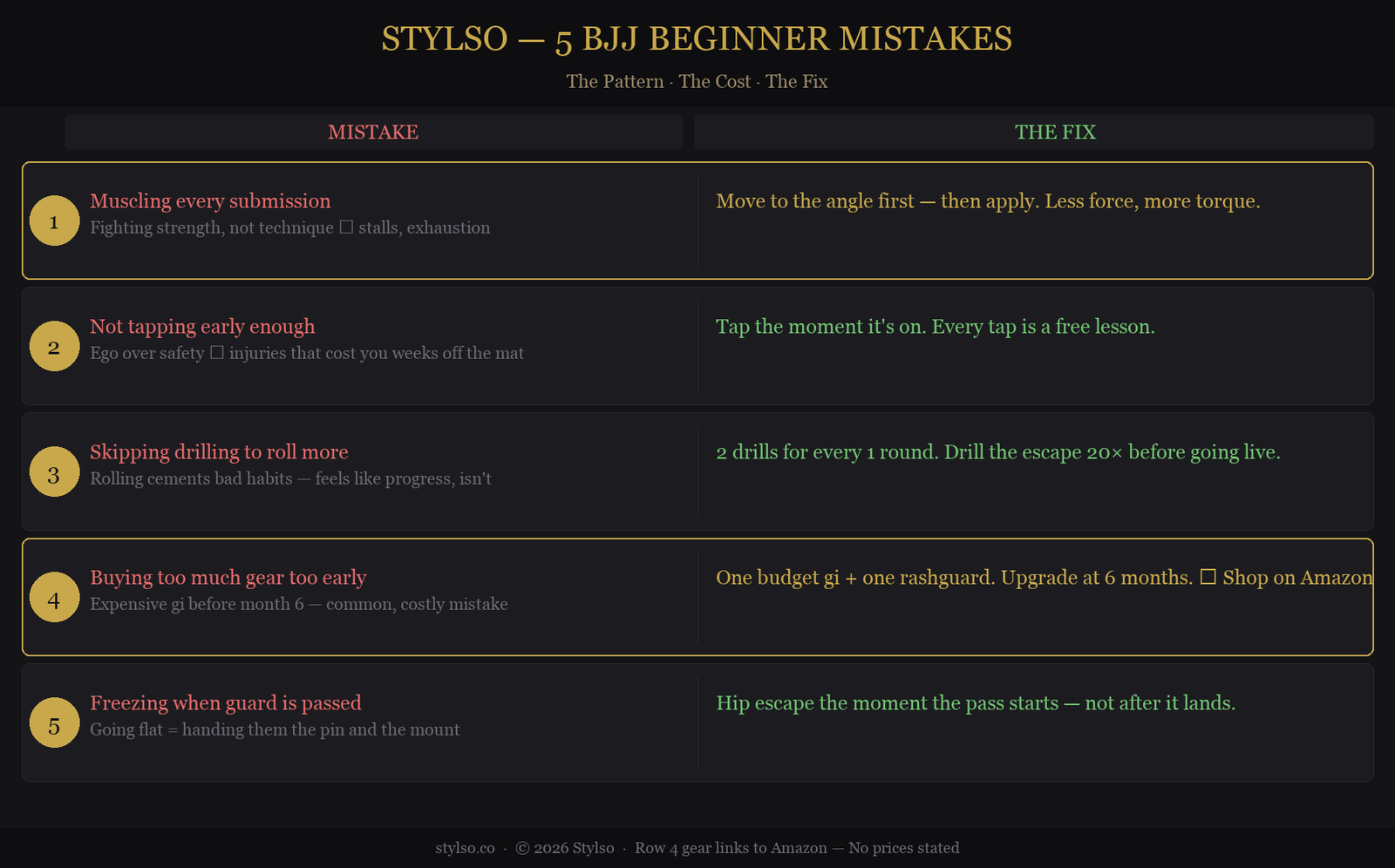 Stylso 5 BJJ beginner mistakes framework: muscling, not tapping, skipping drilling, wrong gear, freezing when guard is passed — each mistake paired with its direct fix