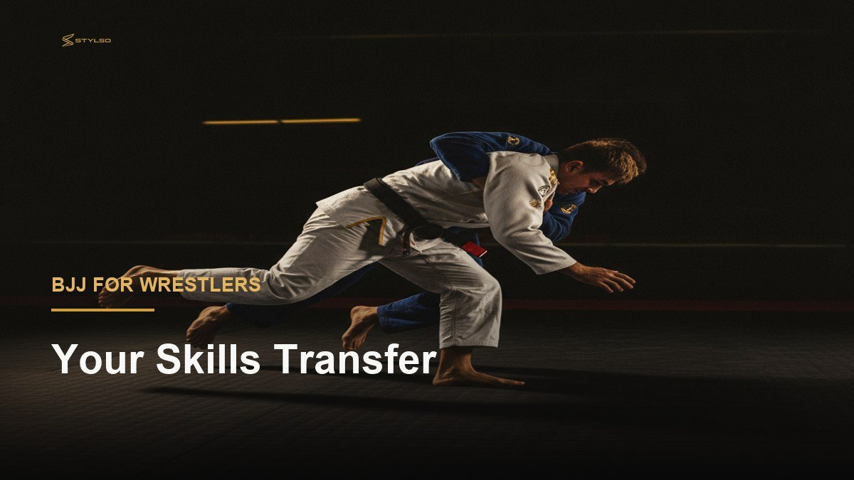 BJJ athlete executing takedown in white gi on dark mat — Stylso wrestling transition guide