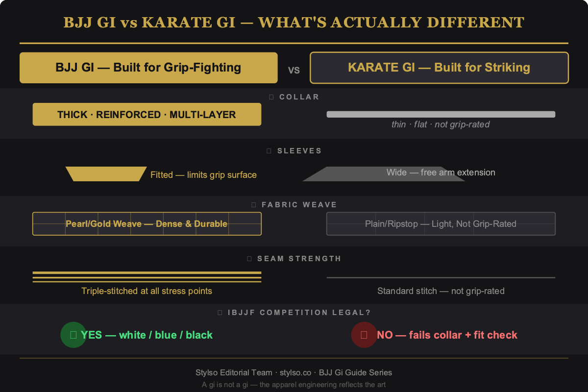 BJJ gi vs karate gi comparison diagram — collar reinforcement, sleeve fit, jacket cut, fabric weave, seam strength, and competition use compared side by side