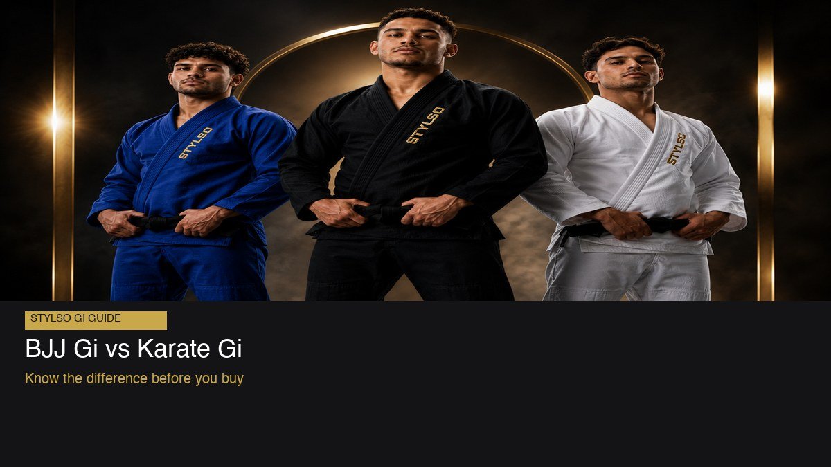Athlete wearing Stylso pearl-weave BJJ gi — reinforced collar, fitted sleeves, and heavier weave that separates a BJJ gi from a karate gi