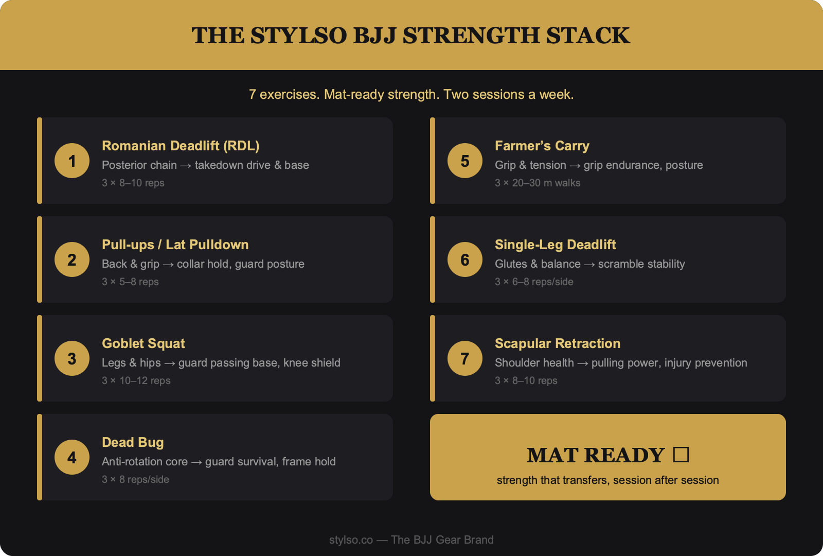 The Stylso BJJ Strength Stack — 7 numbered exercises for mat-ready strength, dark gold branded diagram