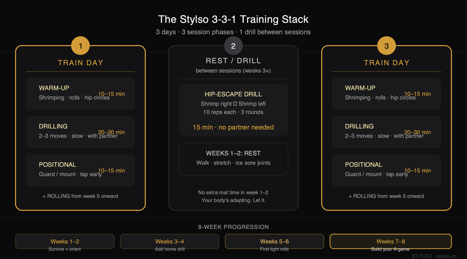 The Stylso 3-3-1 Training Stack — 3-day BJJ beginner schedule showing 3 session phases and 1 at-home drill