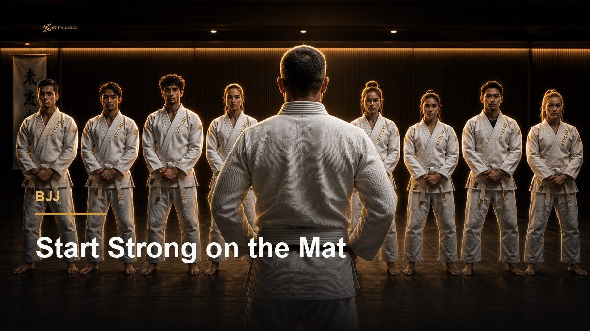 Stylso BJJ academy — beginners practicing fundamentals on the mat together
