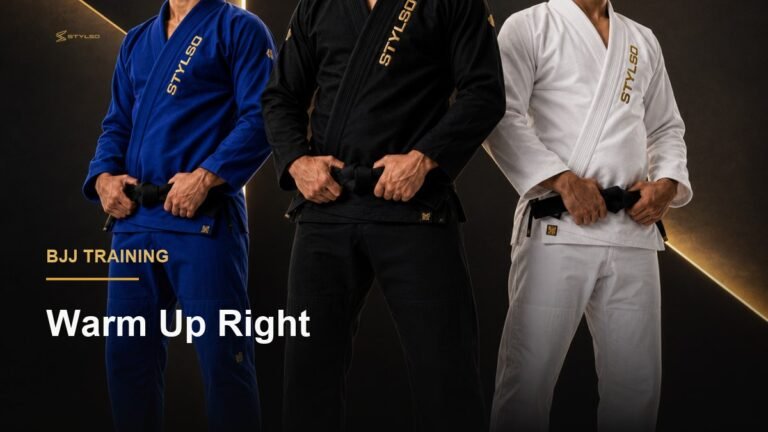 Athletes in BJJ gi warming up before training