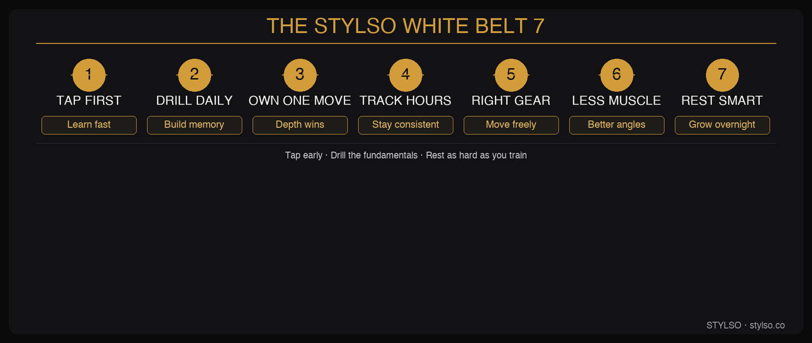 The Stylso White Belt 7 — a 7-step framework for BJJ beginners: Tap First, Drill Daily, Own One Move, Track Hours, Right Gear, Less Muscle, Rest Smart