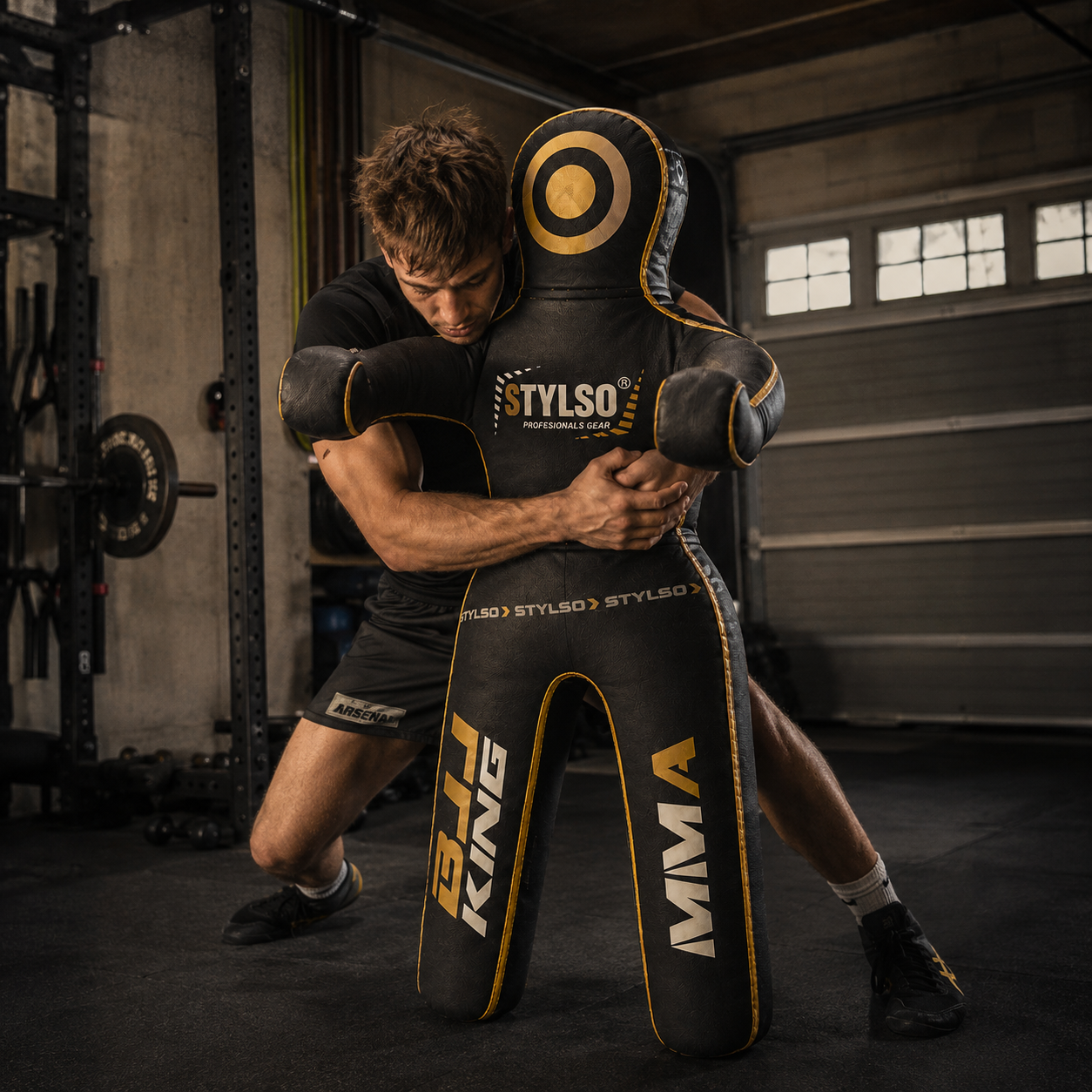 Athlete training BJJ solo with a Stylso grappling dummy on dark gym mats