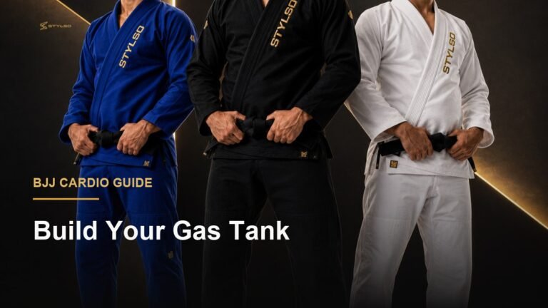 An athlete in a dark training gi drilling hard on the mat to build BJJ cardio