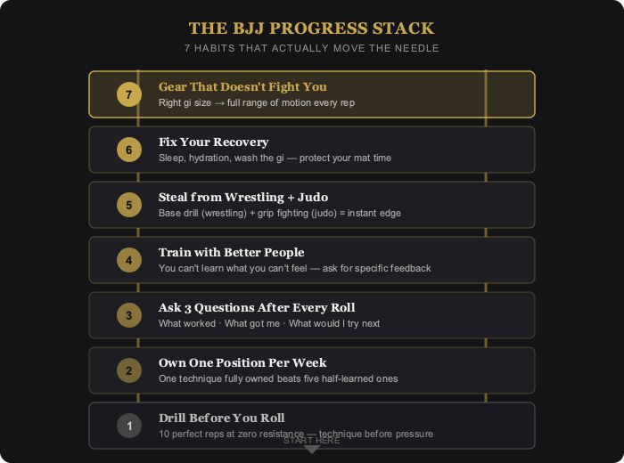 The BJJ Progress Stack — 7 habits that make you better at BJJ faster, from drilling (rung 1) to gear (rung 7)