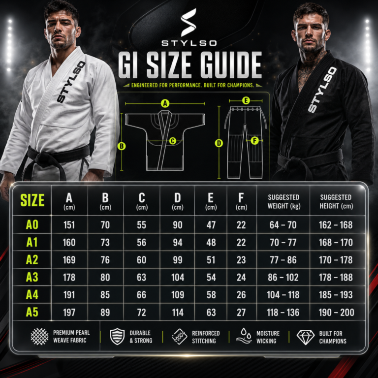 Stylso men's BJJ gi size chart — A1 and A2 adult sizing reference, official A-series measurements