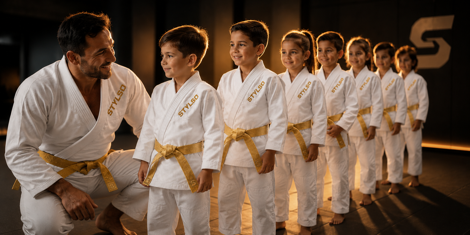 Kids training BJJ at the Stylso Academy — students in white gis on the mat