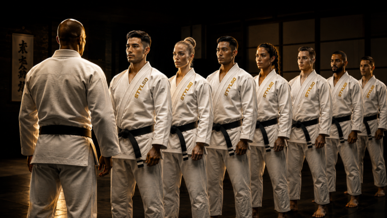 Stylso BJJ academy training scene — students practising on the mat in white gis