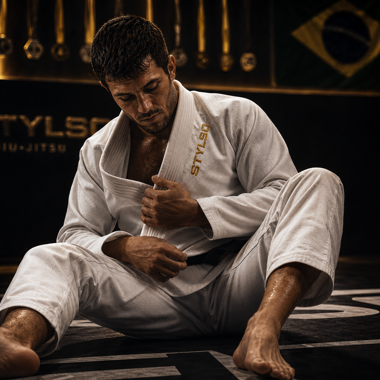 BJJ athlete in white gi sitting on mat, active flexibility position