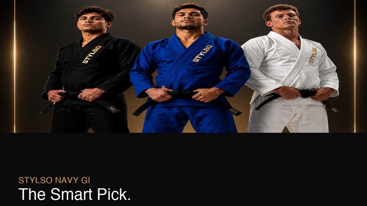 Athlete in blue/navy BJJ gi on the mat — Stylso grappling gear
