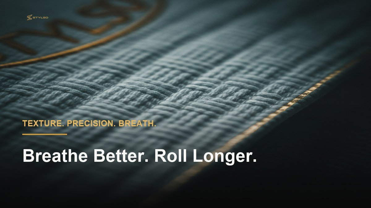 Extreme macro of pearl-weave white BJJ gi fabric with gold lapel detail, dark moody background