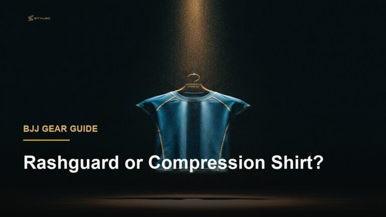 A premium BJJ rash guard hanging in a gold spotlight against a dark background, dramatic product photography