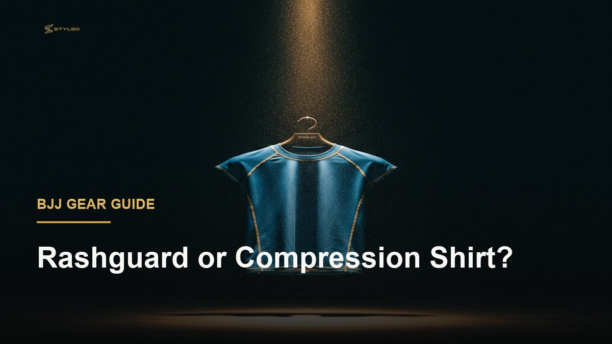A premium BJJ rash guard on a dark hanger in a gold spotlight — dramatic product photography by Stylso