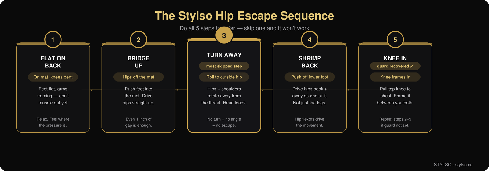 The Stylso Hip Escape Sequence — 5 Steps to Recover Your Guard