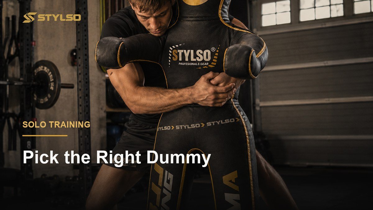 Athlete drilling BJJ submissions with a grappling dummy at home - Stylso solo training gear