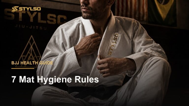 BJJ athlete in white gi sitting on training mat — illustrating mat hygiene practices