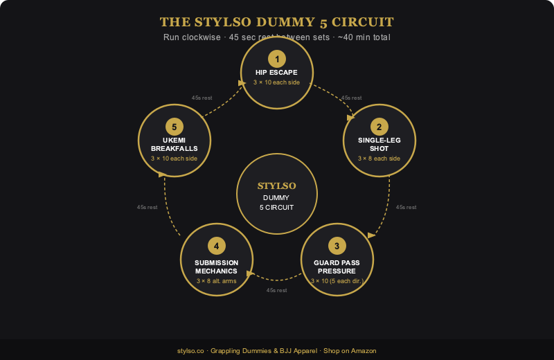 The Stylso Dummy 5 Circuit: five-step BJJ grappling dummy training flow with drill names and rep counts