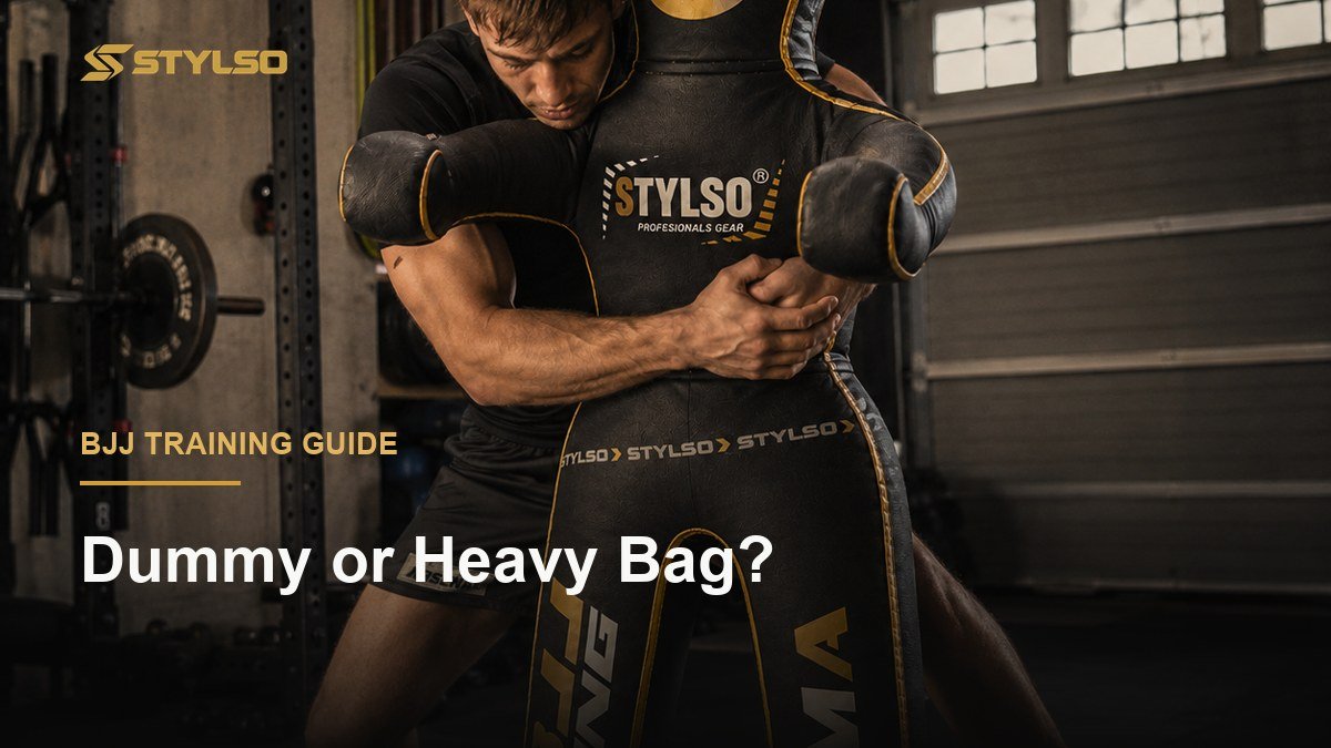 Athlete drilling takedowns on a Stylso BJJ grappling dummy — grappling dummy vs heavy bag comparison